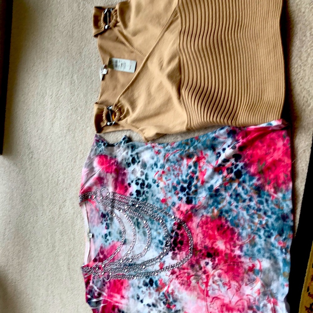 Two Cache tops. 1 has the distressed look. 2nd Cute silk like new. Worn 1 time.